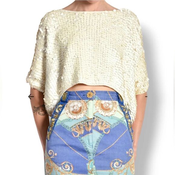 Vintage DKNY 1990s Cotton Paillette Sequined Crop Top in Ivory Size Medium - Picture 2 of 16